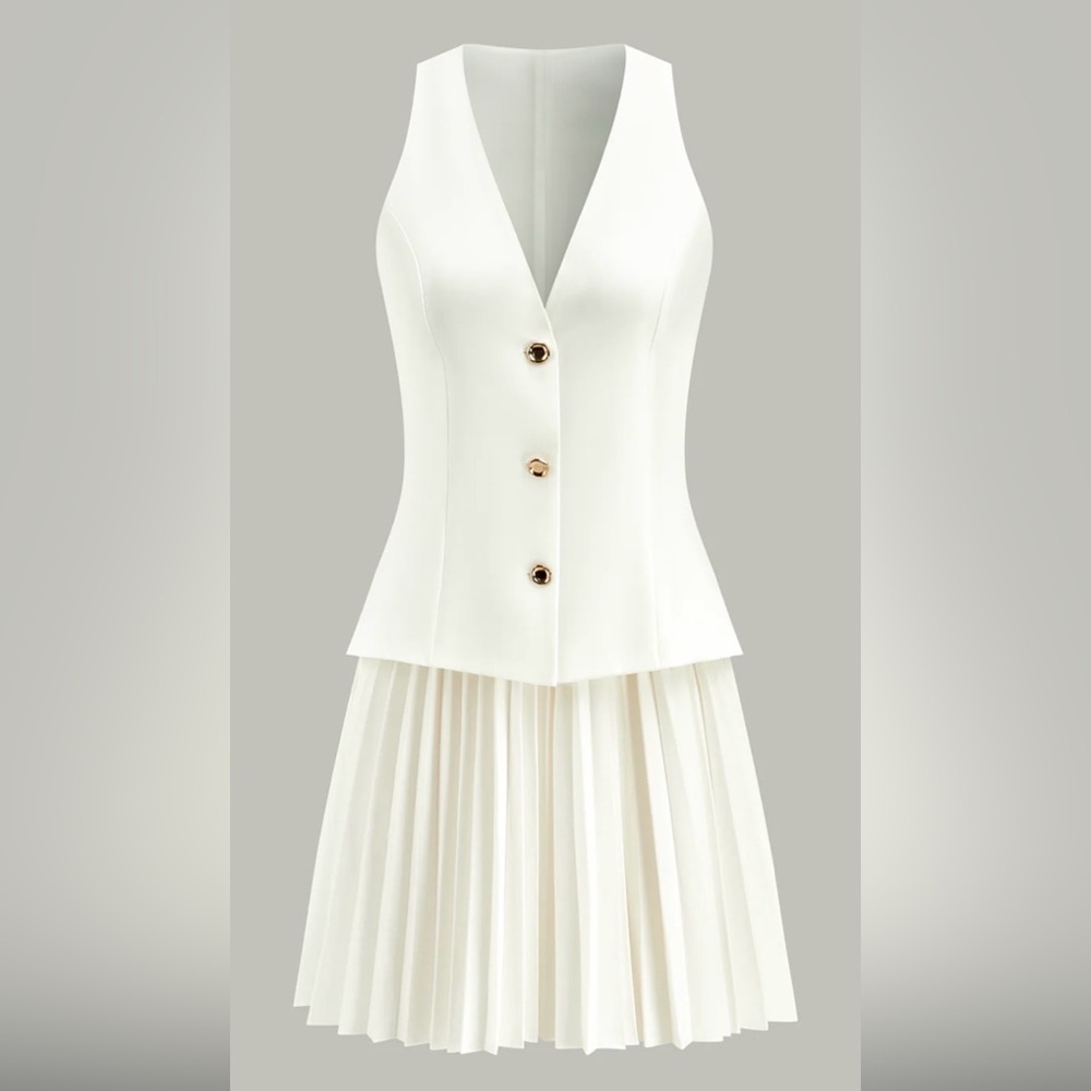 White Sleeveless Gold Buttoned Vest-Style Pleated Dress